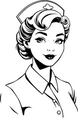 Black and White Vintage Nurse Illustration Portrait