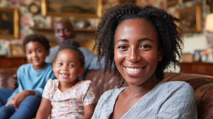 Fototapeta premium Happy african family relaxing together at home on cozy sofa