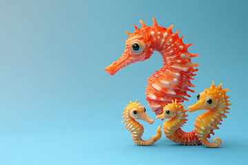 Fototapeta premium Colorful seahorses interacting playfully against a soft blue background, showcasing marine life beauty