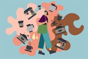 Vector illustration of a person carrying a sling bag with a background featuring coffee-related equipment such as coffee machines, cups, and grinders. Barista and coffee theme in flat design style.