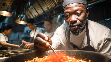 Fototapeta premium African male chef preparing pasta dish in restaurant kitchen with focus and skill