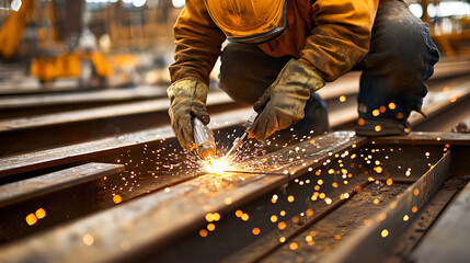 Worker Using Welding Torch on Steel Beams
