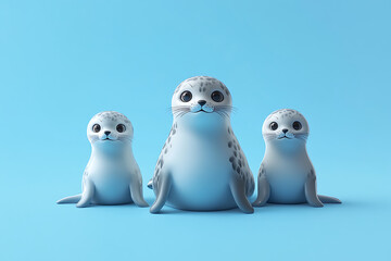 Three adorable cartoon seals posing playfully against a bright blue background, evoking joy