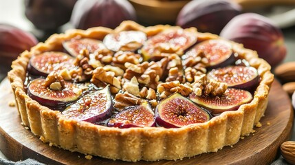 A fig tart with caramelized edges and nuts on top