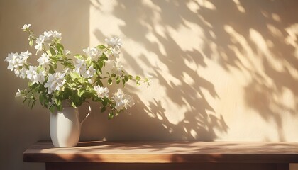 Soft sunlight casts shadows on a wooden surface with white flowers.