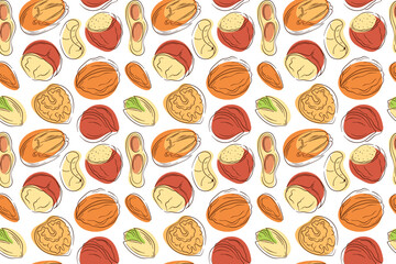 Seamless pattern of hand drawn nuts peanut, walnut, almond, pistachio, cashew, macadamia, pecan and hazelnut in flat style on white background. Perfect for textile, packaging, menu, store design.