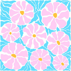 Linocut-style flower and leaf illustration with a retro groovy look. Boho Vector Doodle for packaging, textile patterns, and creative DIY design sets