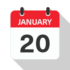 January 20 Daily Calendar. Red Theme on White Background