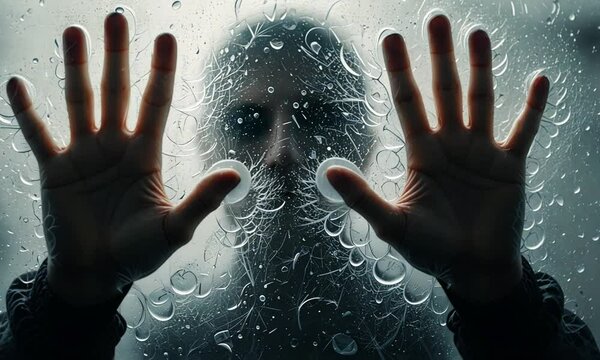 Person pressing hands against foggy glass wall with water droplets, face barely visible, creating eerie and claustrophobic feel. Psychological thriller atmosphere