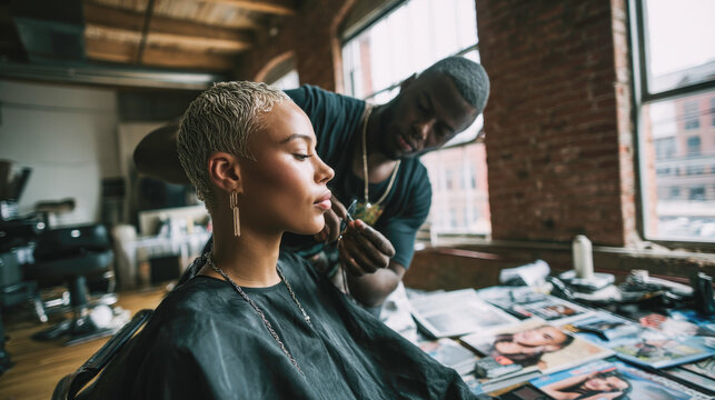 African male makeup artist enhancing young caucasian female model in studio