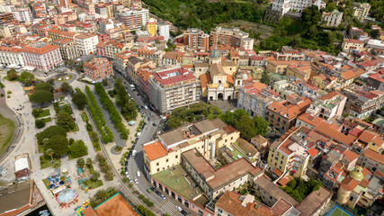 Aerial view of the historic center of the city of Castellammare di Stabia. It is a town in the province of Naples, Campania, Italy. In the center there is the cathedral of the town.