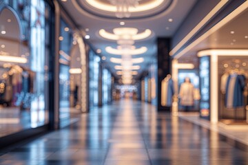 Dreamlike Upscale Mall Corridor with Blurred Merchandising and Luxurious Ambiance