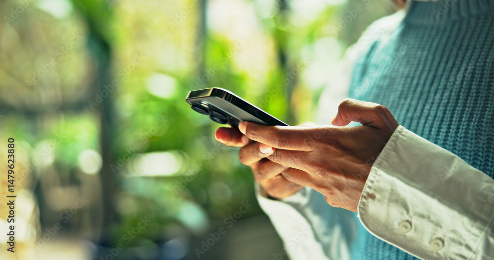 Poster hands, business and person typing with phone in office for communication, research and sustainable c