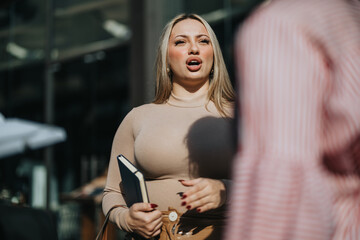 A confident woman is speaking passionately while holding a notebook, standing in a modern urban...