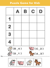 Grid References Worksheet for Kids. Puzzle Game for Children. Locate the symbols by reading off the horizontal and vertical coordinates. Use the coordinates to locate the symbols on the grid.