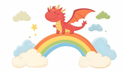 A cheerful red dragon perches atop a vibrant rainbow nestled amongst fluffy clouds and twinkling stars.  A whimsical and enchanting scene