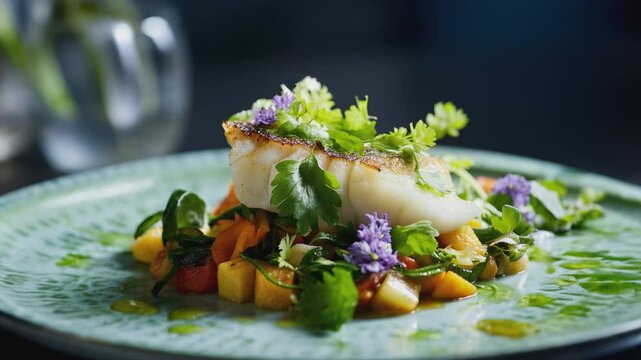 Plated gourmet fish fillet on a bed of colorful vegetables, garnished with fresh herbs and edible flowers, fine dining dish &ndash; Generative AI
