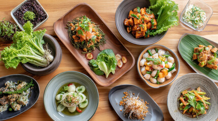 Delicious Asian Cuisine An Array of Exquisite Vegan Dishes Served on Wooden Trays
