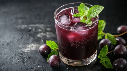 A glass of fresh jabuticaba juice with ice cubes and a mint garnish