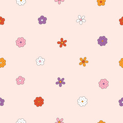 Retro seamless pattern of small chamomile flowers. Floral ditsy design with groovy tiny daisies. Vintage 60s vector background. Repeating botanical boho print for wallpaper, wrapping, textile