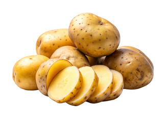 Fresh Yellow Potatoes. Whole and Sliced Tubers Isolated on Transparent Background.