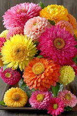 Colorful flower bouquet on wooden tray