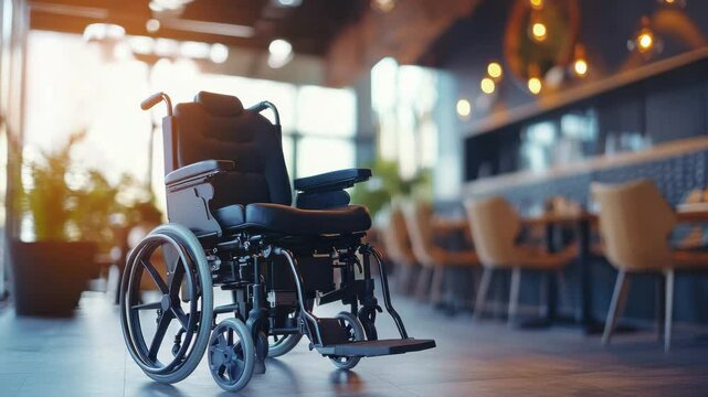 An electric wheelchair sits in a modern restaurant, highlighting the importance of accessibility. It symbolizes inclusion and comfort within the dining environment.