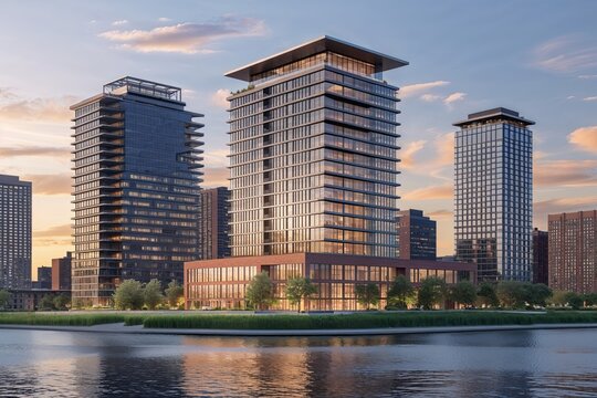 Shoreline Corporate Complex: Refined Office Architecture and Residential High-Rise in Michigan's Striking Skyline