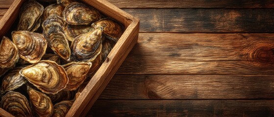 Rustic charm fresh oysters in a wooden crate with negative space