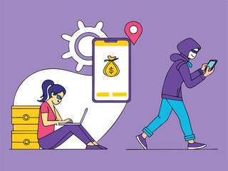 Cybercrime and Online Fraud Illustration – Digital Theft Concept with Hacker and Unaware User