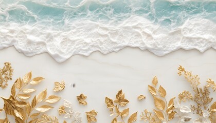 Fototapeta premium Ocean waves with golden leaves on a light surface.