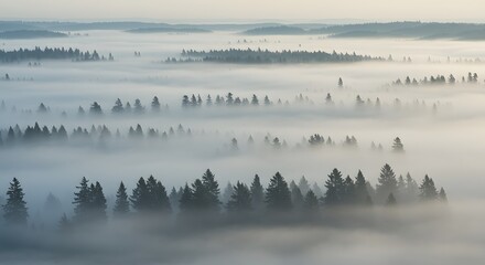 Naklejka premium Misty Forest: Serene Coniferous Landscape in Soft Light