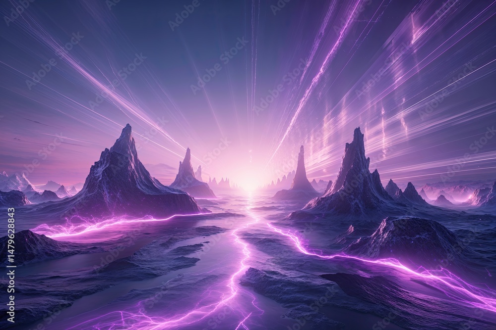Poster violet surge in corporate framework: dreamlike abstract tableau with dynamic technology motion