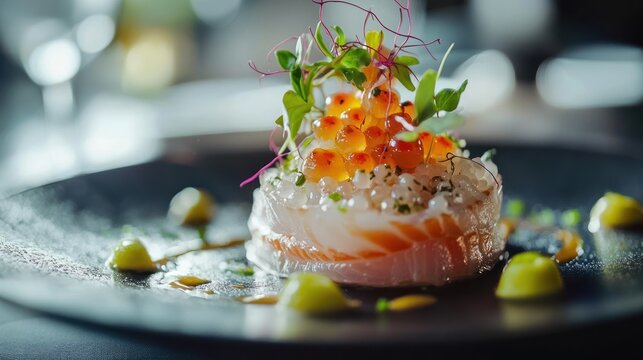 A gourmet dish garnished with finger lime pearls, adding a pop of citrusy flavor