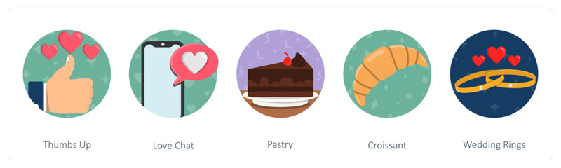 A set of 5 mix icons as thumbs up, love chat, pastry