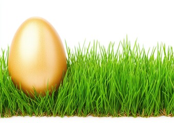 Golden egg nestled in vibrant green grass on a white background.  The egg is glossy and sits atop a field of fresh, detailed grass blades