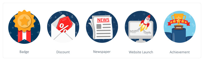 A set of 5 mix icons as badge, discount, newspaper
