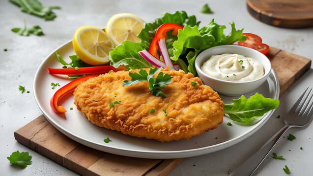 Breaded chicken fillet with tartar sauce and colorful garnishes. Ideal for American diner branding and hearty meal photography.