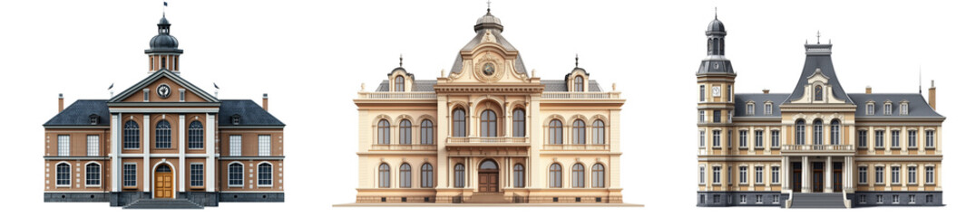 Set of a classic European town hall building, isolated on a transparent background.