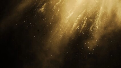 Golden, ethereal, particles swirling in dark space.  Streaks of light radiate from center, creating a dynamic effect with golden dust