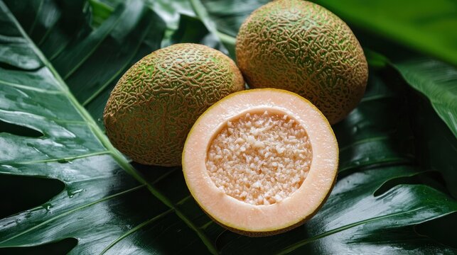 A halved ilama fruit with its creamy, pinkish pulp, placed on a tropical leaf