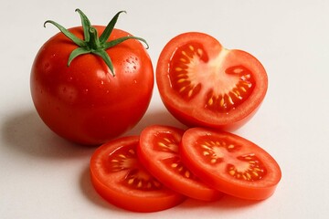 Fototapeta premium Ripe red tomatoes, including a juicy cherry tomato on the vine and isolated singles, offer fresh, healthy, and organic vegetarian ingredients against a clean white background