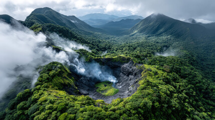 Breathtaking Aerial View of a Volcanic Crater Nestled within Lush Green Mountains and Clouds
