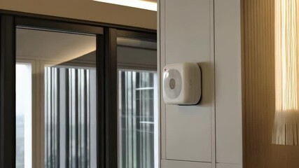 White smart home air quality sensor mounted on a grey wall inside near a glass door, showing red LED light in operation. - Powered by Adobe