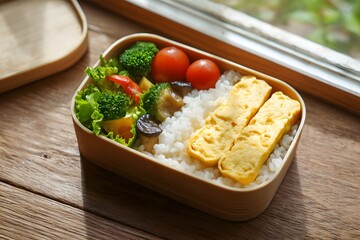 A Balanced Japanese Bento Box Concept Featuring Healthy Nutritious Food and Rice Accompanied by Broccoli Tomatoes and Egg Providing a Wholesome Lunch