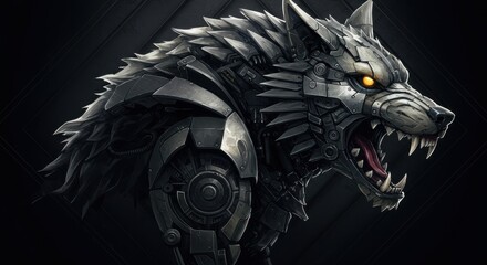 Cybernetic wolf with glowing eyes mechanical parts  menacing teeth