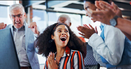 Computer, applause and business people in office, celebration and surprise with promotion....