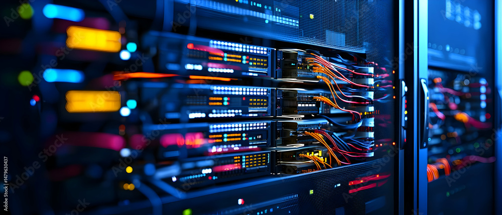 Poster close up view of colorful server rack in data center