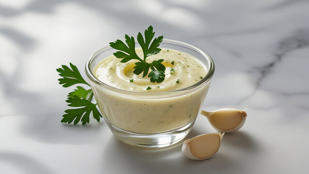 Homemade garlic sauce garnished with fresh parsley. Great for food blogs and culinary tutorial photography.