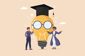 Academic Excellence and Bright Ideas Illustration of Two Graduates Beside a Large Light Bulb Wearing Glasses and a Graduation Cap, Symbolizing Knowledge and Innovation.